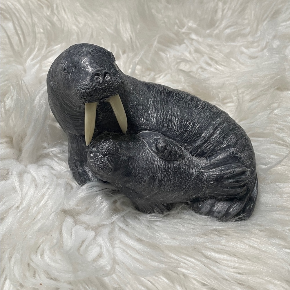 Vintage Wolf Sculptures - Walrus Mother and Baby Calf Sculpture Handmade